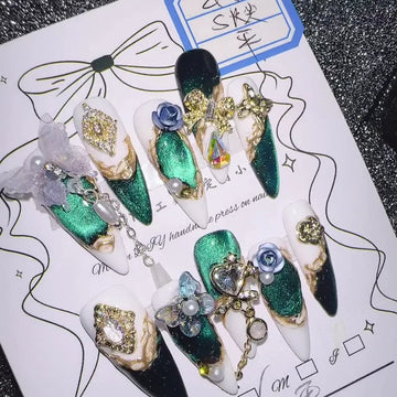 Qfdian 10Pcs High Quality Handmade Press on Nails Nail art Cancer Super Sparkling Dark Style Spicy Girl